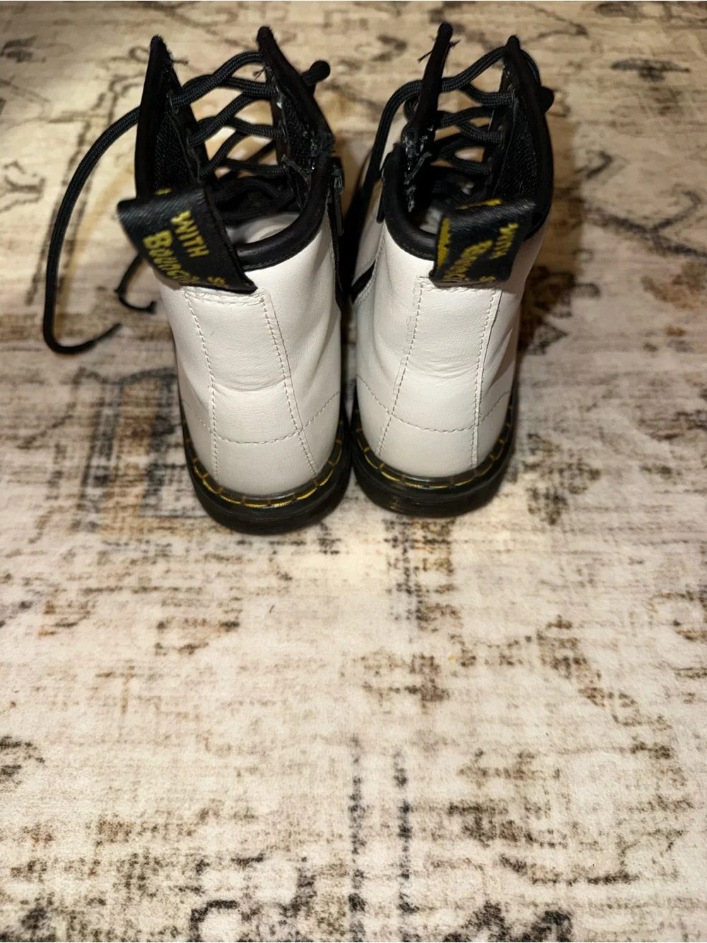 Dr. Martens Black and White Lace-Up Boots with Yellow Heel Loop